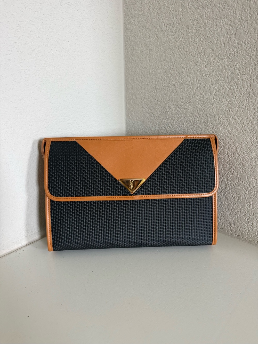 Yves Saint Laurent Black Woven & Tan Trim Envelope Clutch
